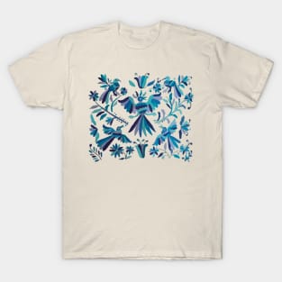 Blue otomi tenango mexican fabric birds and flower embroidery interior design T-Shirt